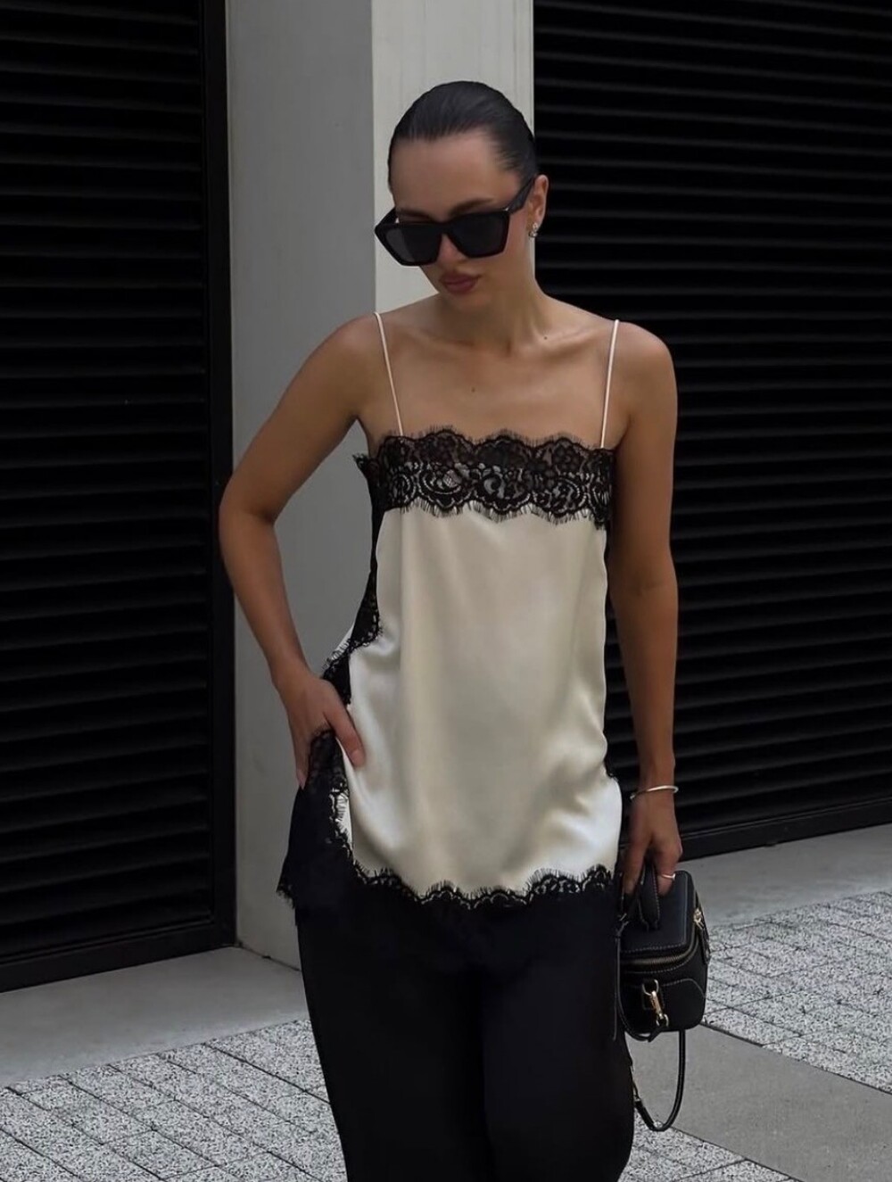 Zara Ivory Satin Camisole with Black Lace Trim